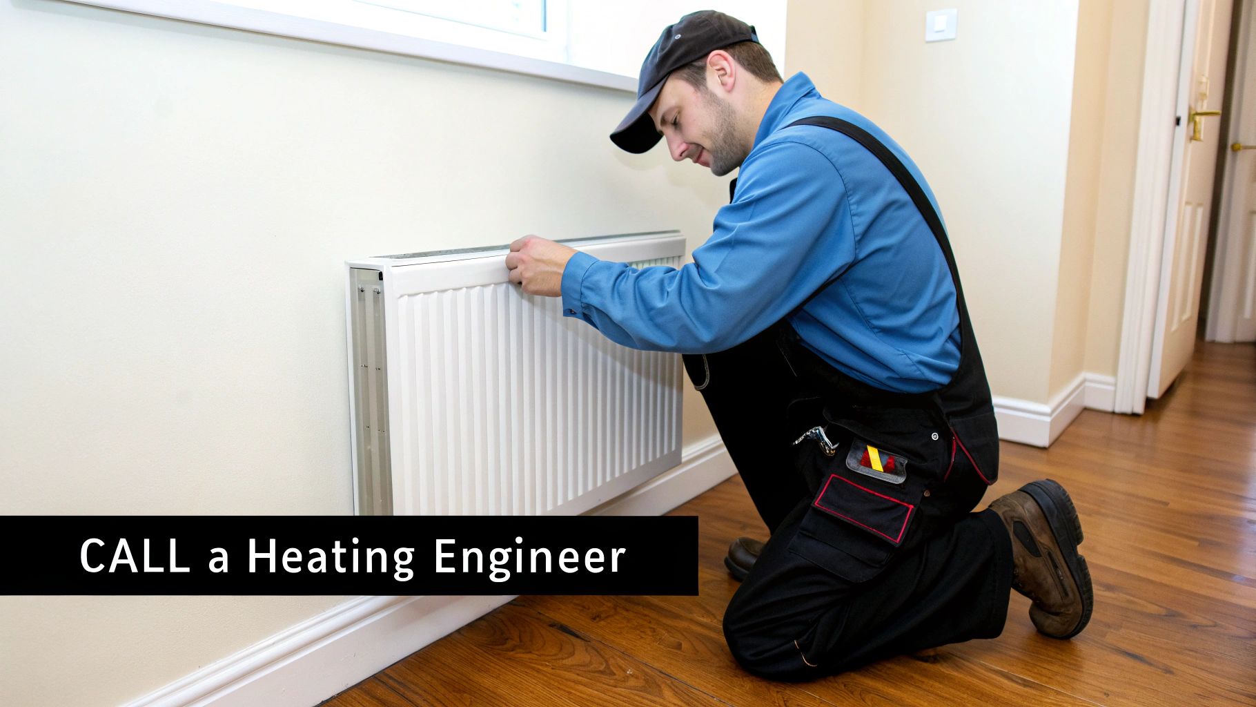 A heating engineer in work clothes kneels to inspect or repair a white radiator on a wall.