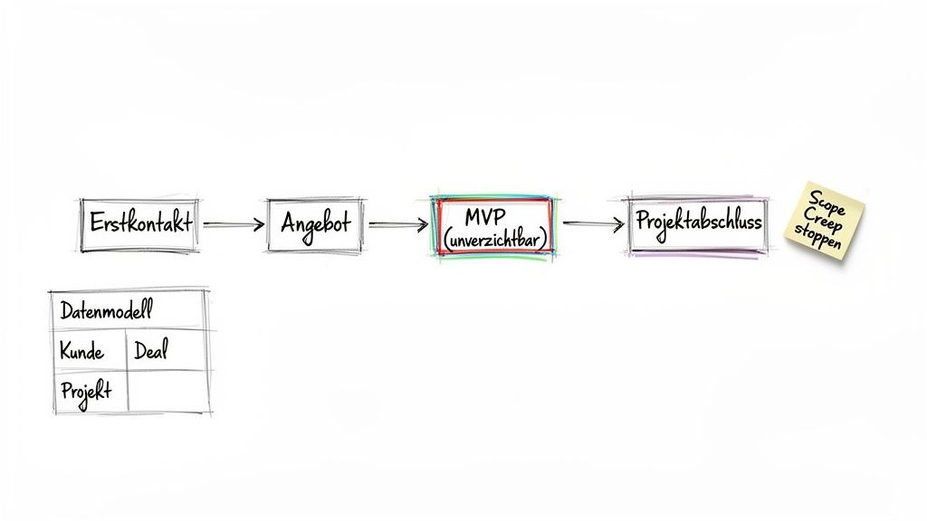 Flussdiagramm eines CRM-Prozesses mit Erstkontakt, Angebot, MVP, Projektabschluss und Datenmodell.