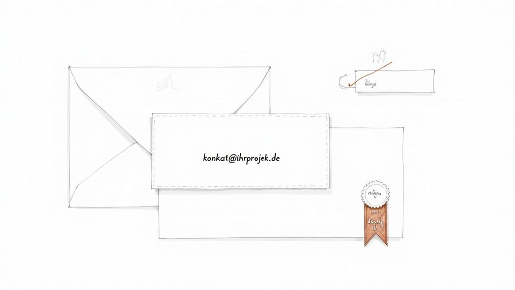 Skizzenhafte Darstellung einer E-Mail-Adresse 'konkat@ihrprojekt.de' auf einem Umschlag mit Brief und Siegel.