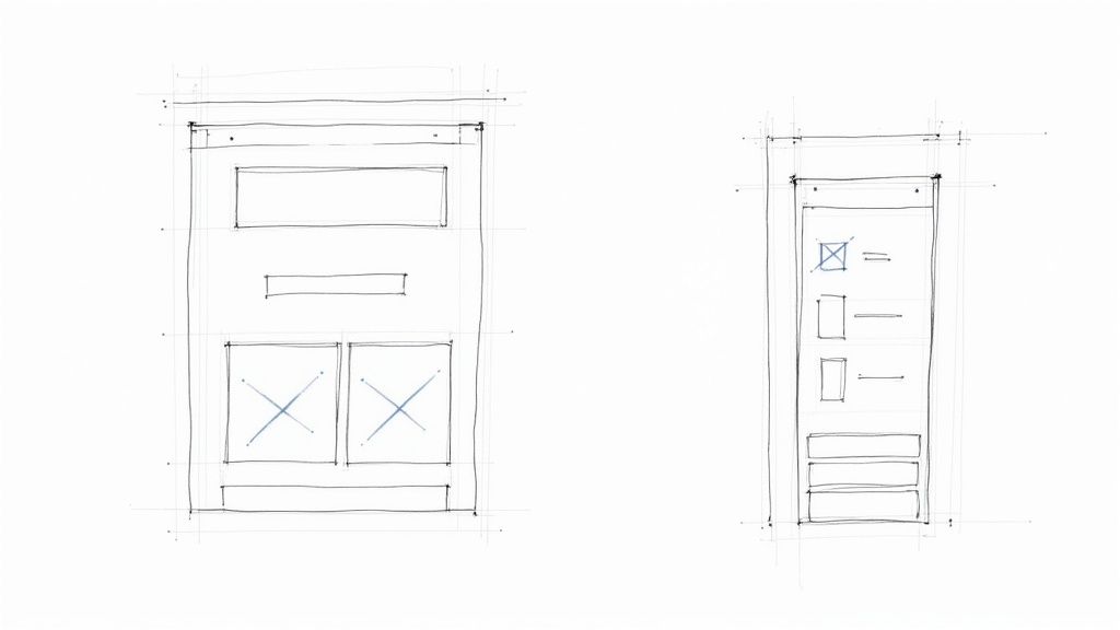 Zwei einfache Wireframe-Skizzen für Webseiten- oder mobile App-Layouts auf weißem Hintergrund, mit verschiedenen UI-Elementen.
