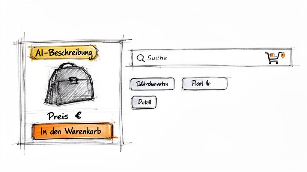 Skizze einer Webseite mit einem Produkt (Tasche), Preis, "In den Warenkorb"-Button und einer Suchleiste.