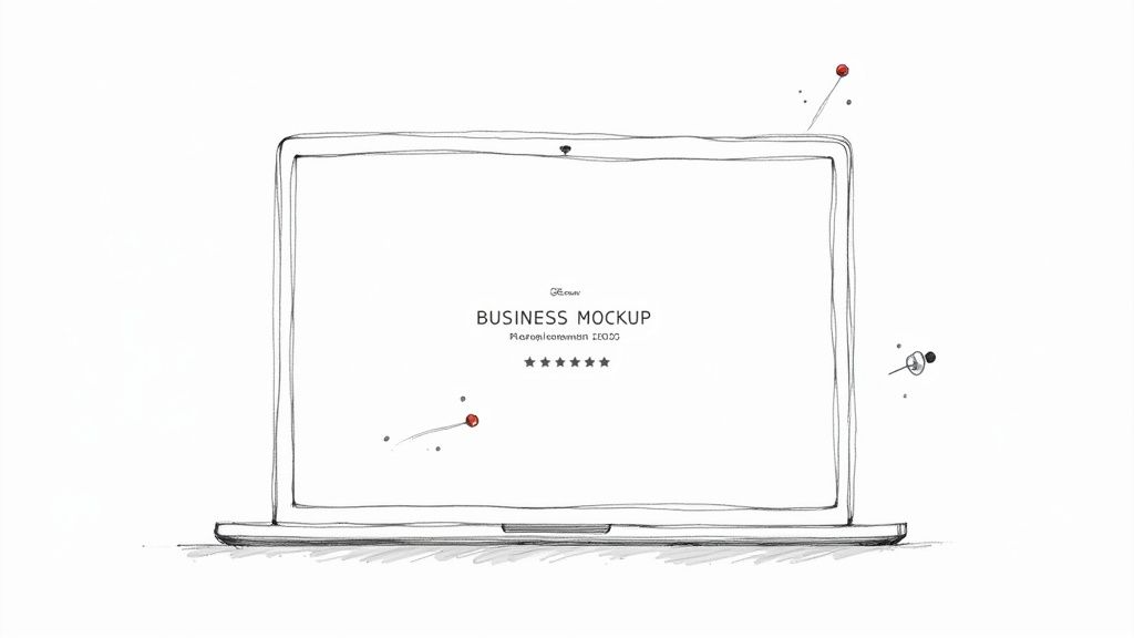 Handgezeichnete Skizze eines Laptops mit 'BUSINESS MOCKUP' auf dem Bildschirm, ideal für Präsentationen und Geschäftskonzepte.