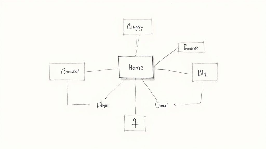 Handgezeichnetes Sitemap-Diagramm eines Webseiten-Konzepts mit Home als zentrale Seite, verbunden mit Unterseiten wie Blog, Kontakt und Kategorien.