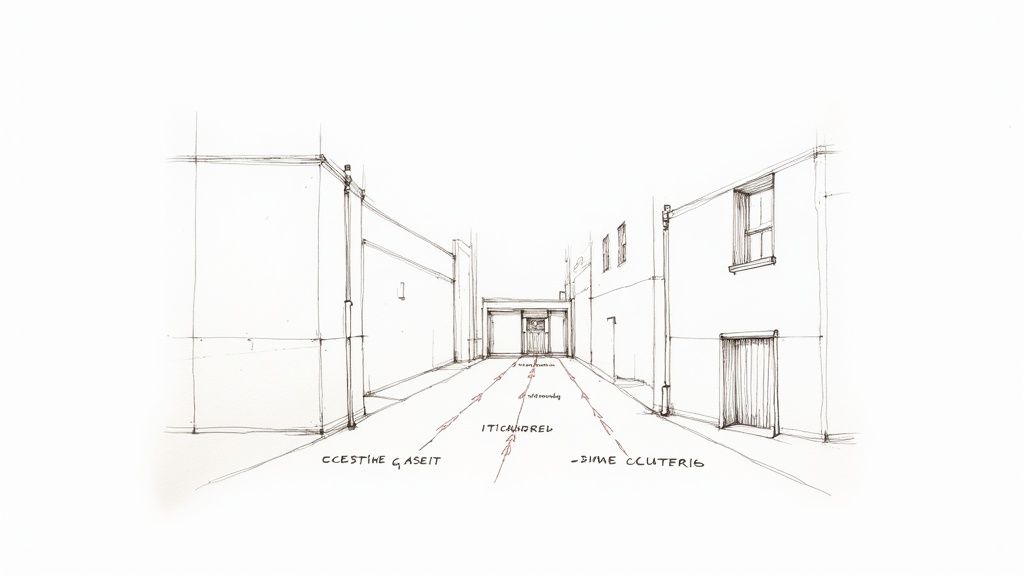 Eine perspektivische Skizze einer Gasse zwischen Gebäuden, mit Text und roten Pfeilen, die Richtungen anzeigen.