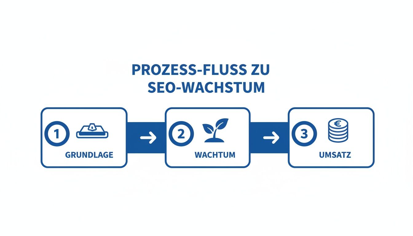 Ein Prozessflussdiagramm zeigt die drei Schritte zum SEO-Wachstum: Grundlage, Wachstum und Umsatz.