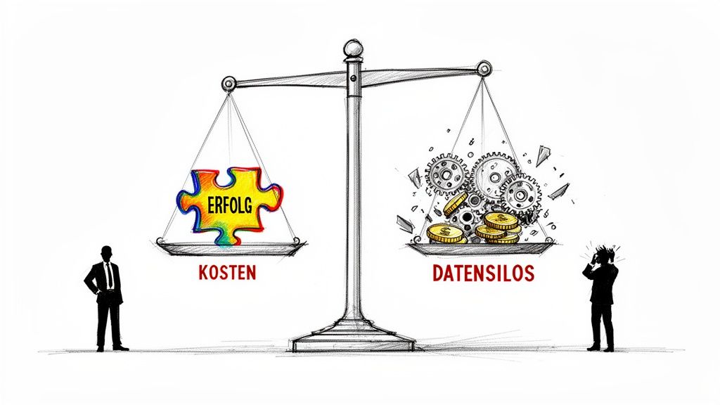 Eine Waage, links mit 'Erfolg' und 'Kosten', rechts mit kaputten Zahnrädern und 'Datensilos'.