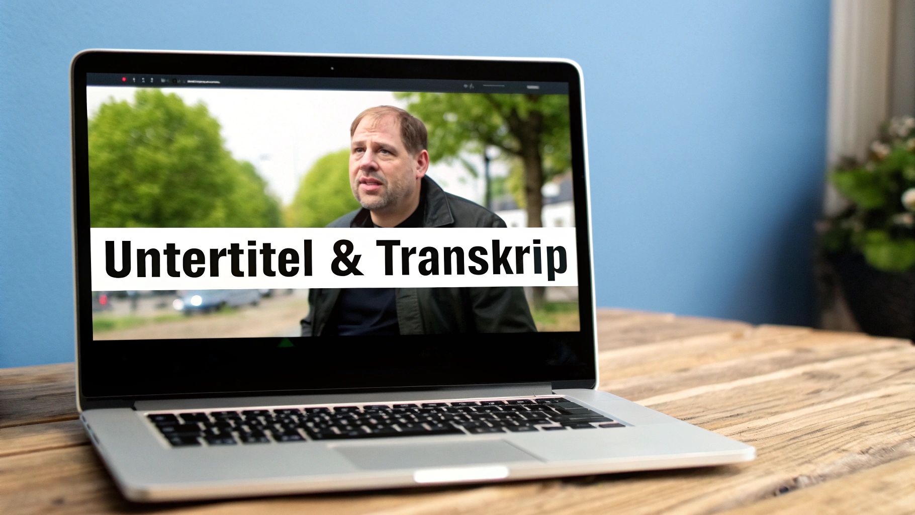 Laptop zeigt ein Video mit einem Mann und einem Overlay "Untertitel & Transkript" für Barrierefreiheit.