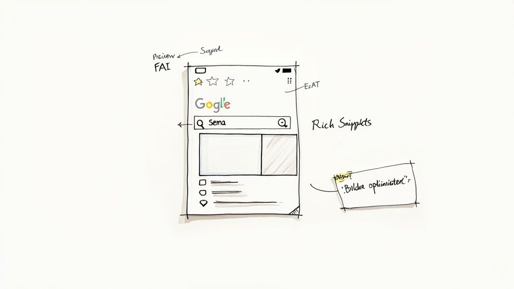 Handgezeichnete Skizze einer Google-Suchseite mit SEO-Anmerkungen zu E-E-A-T, Rich Snippets und Bildoptimierung.