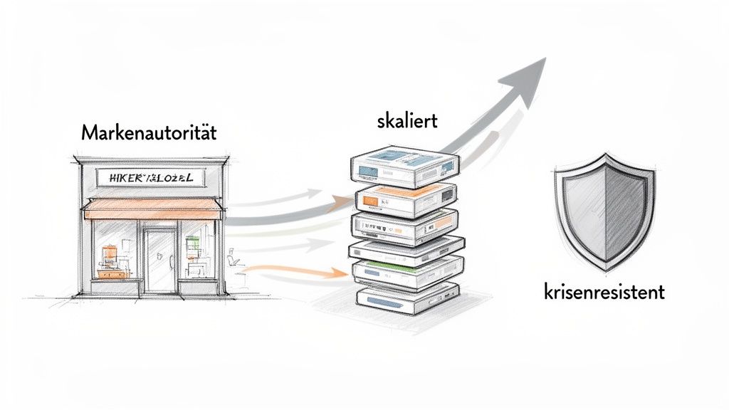 Ein Diagramm, das den Weg von Markenautorität über skalierbare digitale Produkte zu Krisenresistenz darstellt.