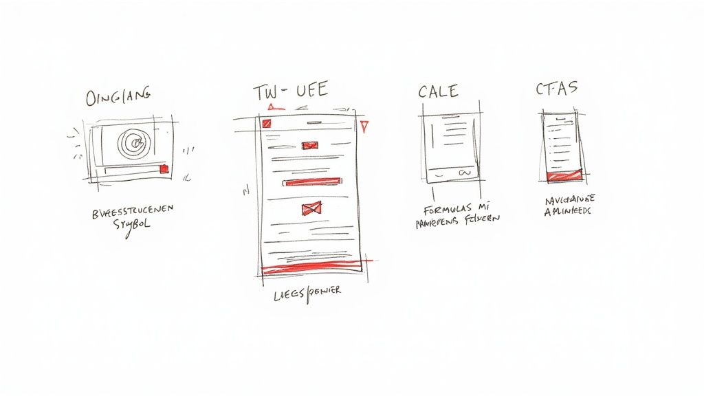 Vier handgezeichnete Skizzen von Benutzeroberflächen oder Wireframes mit deutschen Beschriftungen und roten Markierungen.