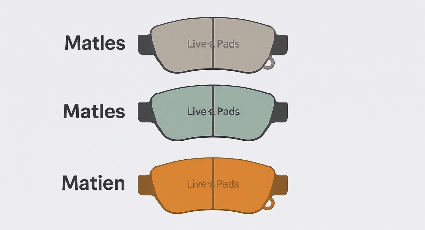 Drei Paare von Bremsbelägen in Grau, Türkis und Orange mit den Marken Matles und Matien.