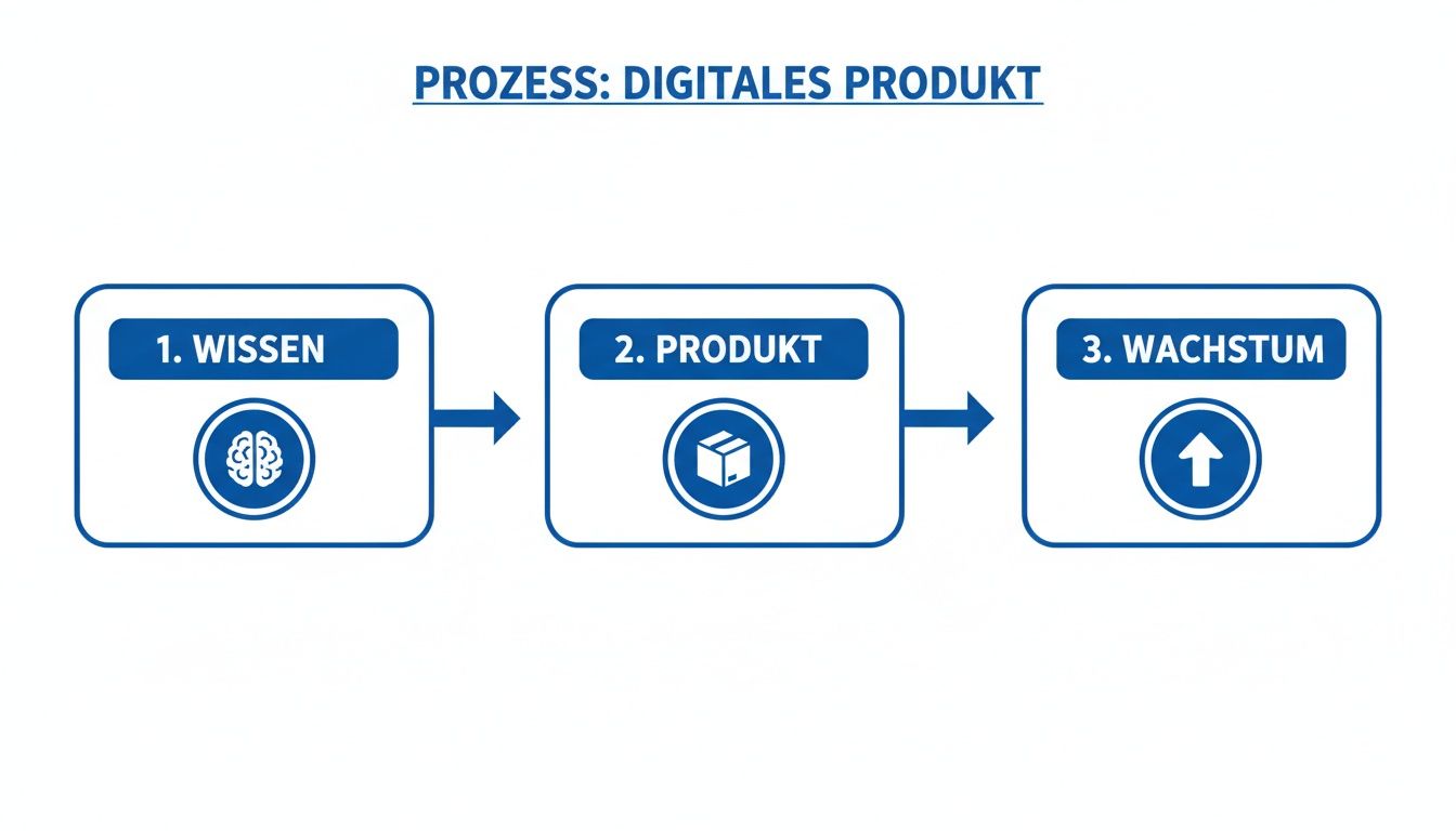 Ein Flussdiagramm zeigt den Prozess zur Entwicklung eines digitalen Produkts in drei Schritten: Wissen, Produkt, Wachstum.