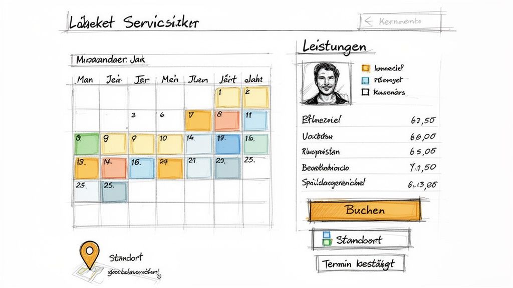 Handgezeichnetes UI-Mockup einer Webseite mit Kalender zur Terminauswahl und einer Übersicht buchbarer Dienstleistungen.
