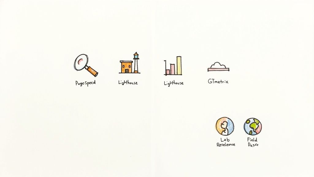 Abbildung von Tools zur Website-Geschwindigkeitsanalyse wie PageSpeed, Lighthouse und GTmetrix, sowie Labordaten und Felddaten.