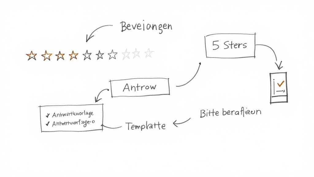 Diagramm zum Bewertungsprozess: Sternebewertung, Antwortoptionen und Vorlagen für Kundenrückmeldungen.