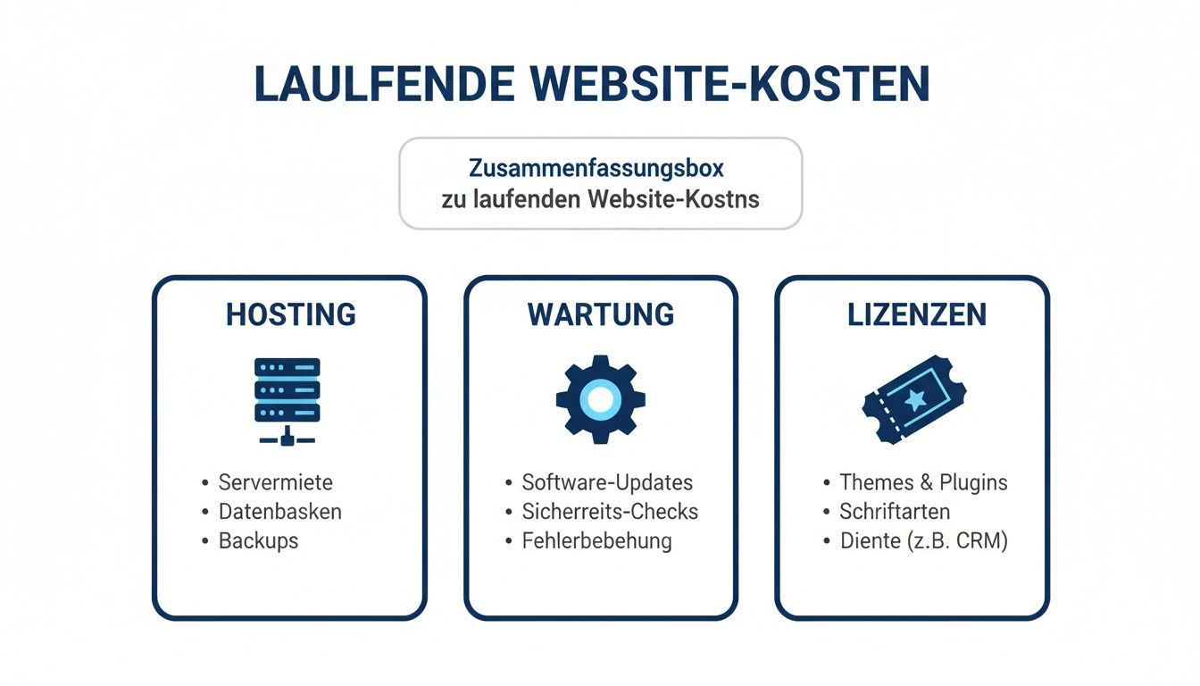 Infografik über laufende Website-Kosten, aufgeteilt in Hosting, Wartung und Lizenzen mit spezifischen Unterpunkten.