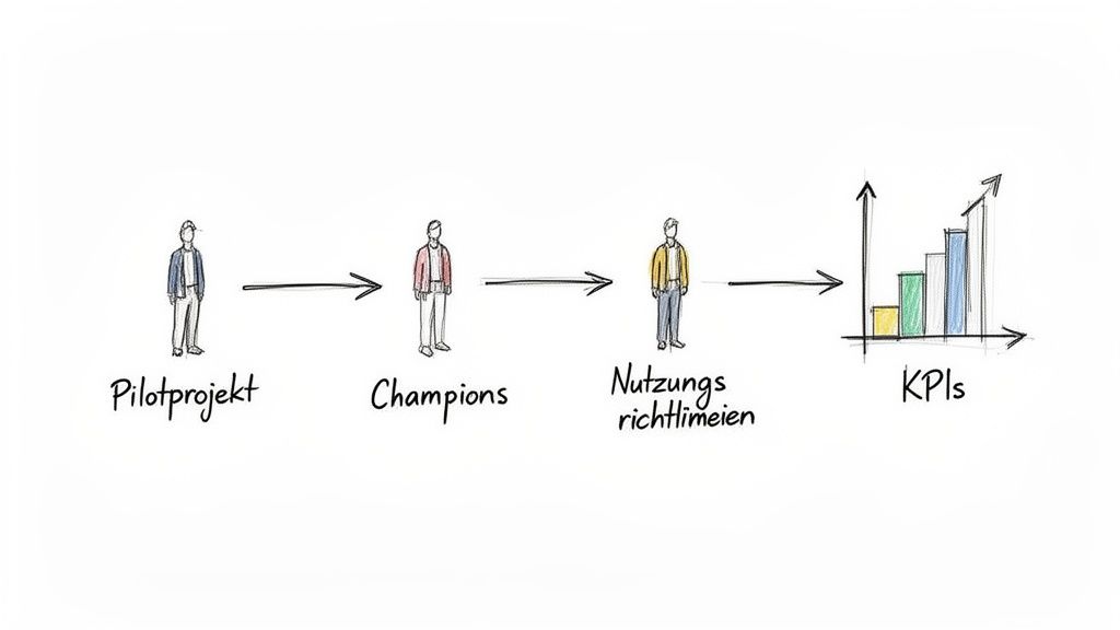 Visualisierung eines Prozesses von Pilotprojekt über Champions und Nutzungsrichtlinien zu steigenden KPIs.