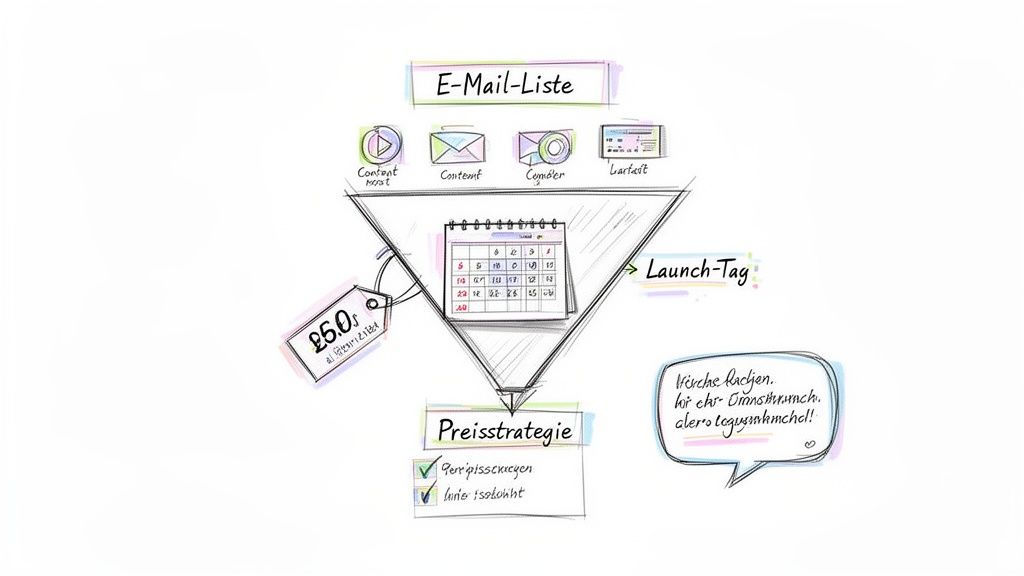 Diagramm einer E-Mail-Marketing-Strategie mit Funnel, Launch-Tag und Preisgestaltung für digitale Produkte.
