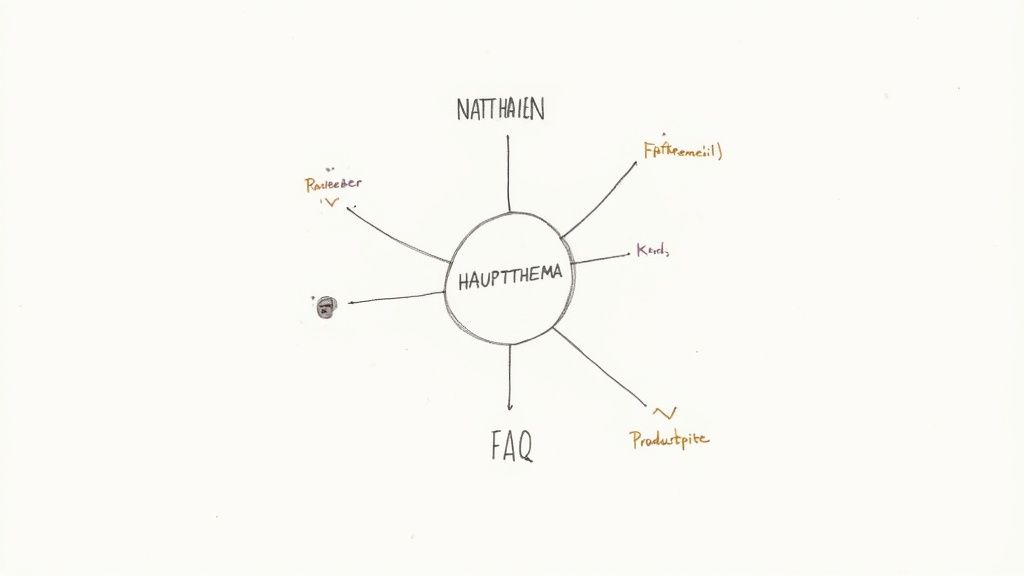 Handgezeichnete Mindmap mit dem Hauptthema in der Mitte und Ästen zu verschiedenen SEO-Konzepten.
