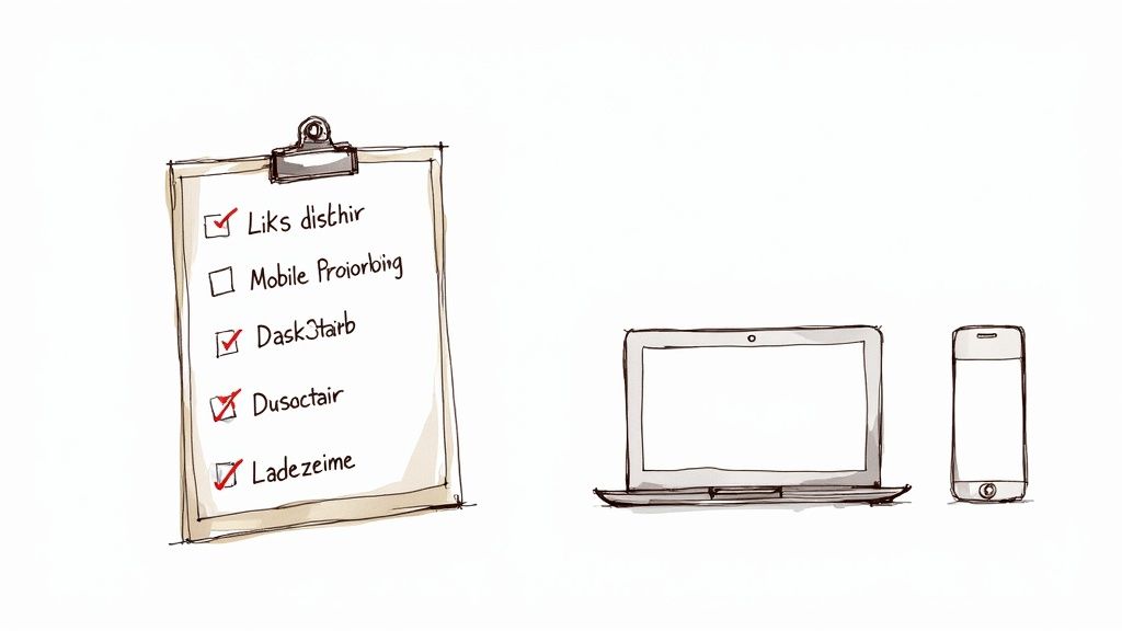 Klemmbrett mit einer Checkliste und digitalen Geräten: Laptop und Smartphone auf weißem Hintergrund.