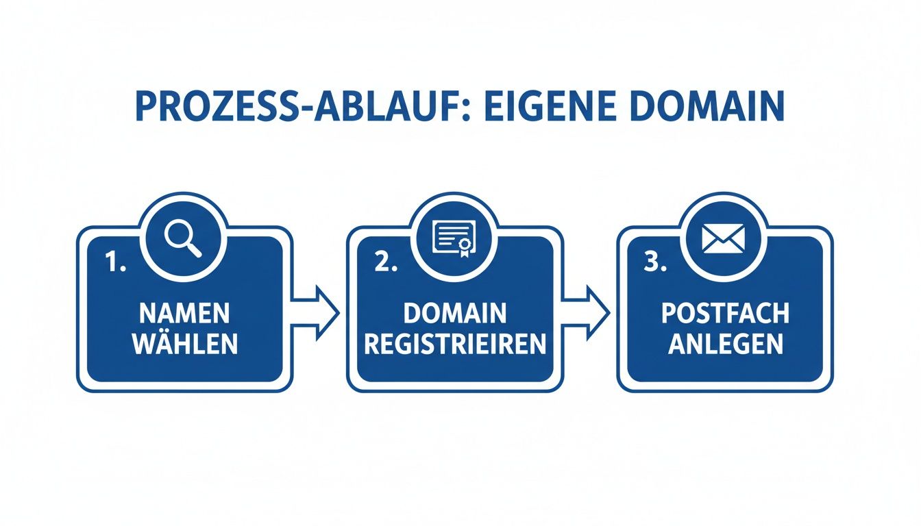 Eine Grafik zeigt den dreistufigen Prozess zur Auswahl, Registrierung einer Domain und zum Anlegen eines E-Mail-Postfachs.
