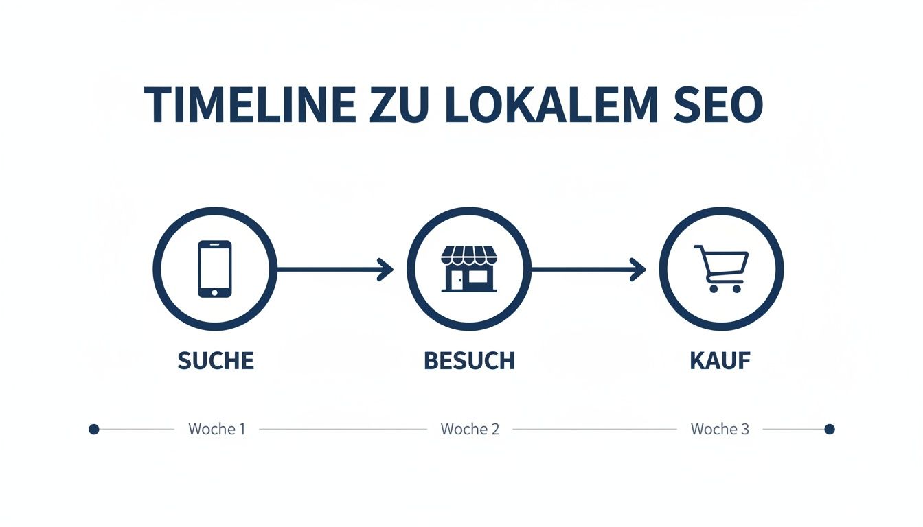 Zeitachse zum lokalen SEO: Smartphone-Suche führt zum Ladenbesuch und letztendlich zum Kauf, dargestellt über drei Wochen.