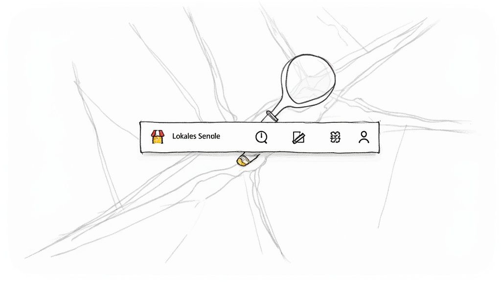 Handgezeichnete Navigationsleiste mit Store-Symbol, Text 'Lokales Senole' und weiteren Icons, über einer skizzierten Karte.