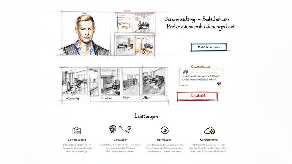 Webseiten-Entwurfsskizze mit Porträt, Raumplanungsbeispielen, Leistungen und Kontaktinformationen für professionelle Dienstleistungen.