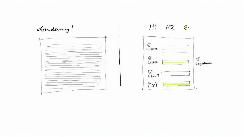 Handgezeichnete Skizze: Vergleich von dichtem Text und strukturiertem Formular mit H1, H2 Feldern.