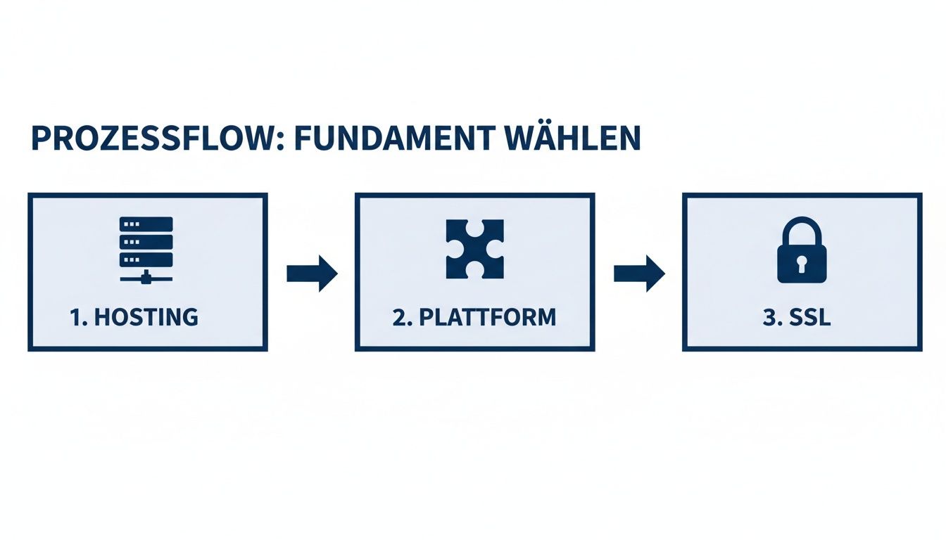 Prozessfluss zum Erstellen einer Website: Hosting, Plattform und SSL-Sicherheit Schritt für Schritt wählen.