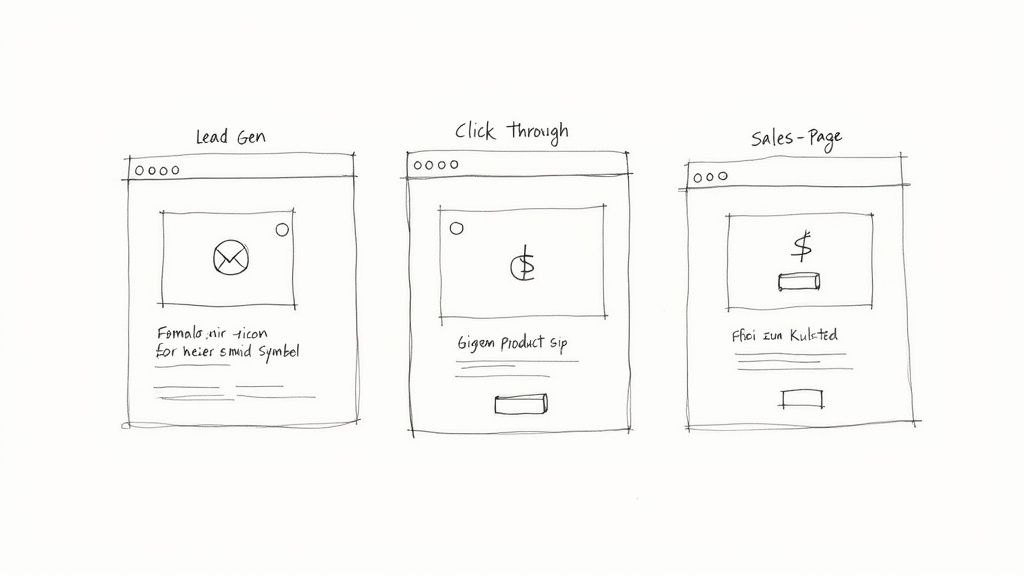 Handgezeichnete Wireframes von drei Webseiten: Lead Gen, Click Through und Sales-Page, die einen Verkaufs-Funnel darstellen.