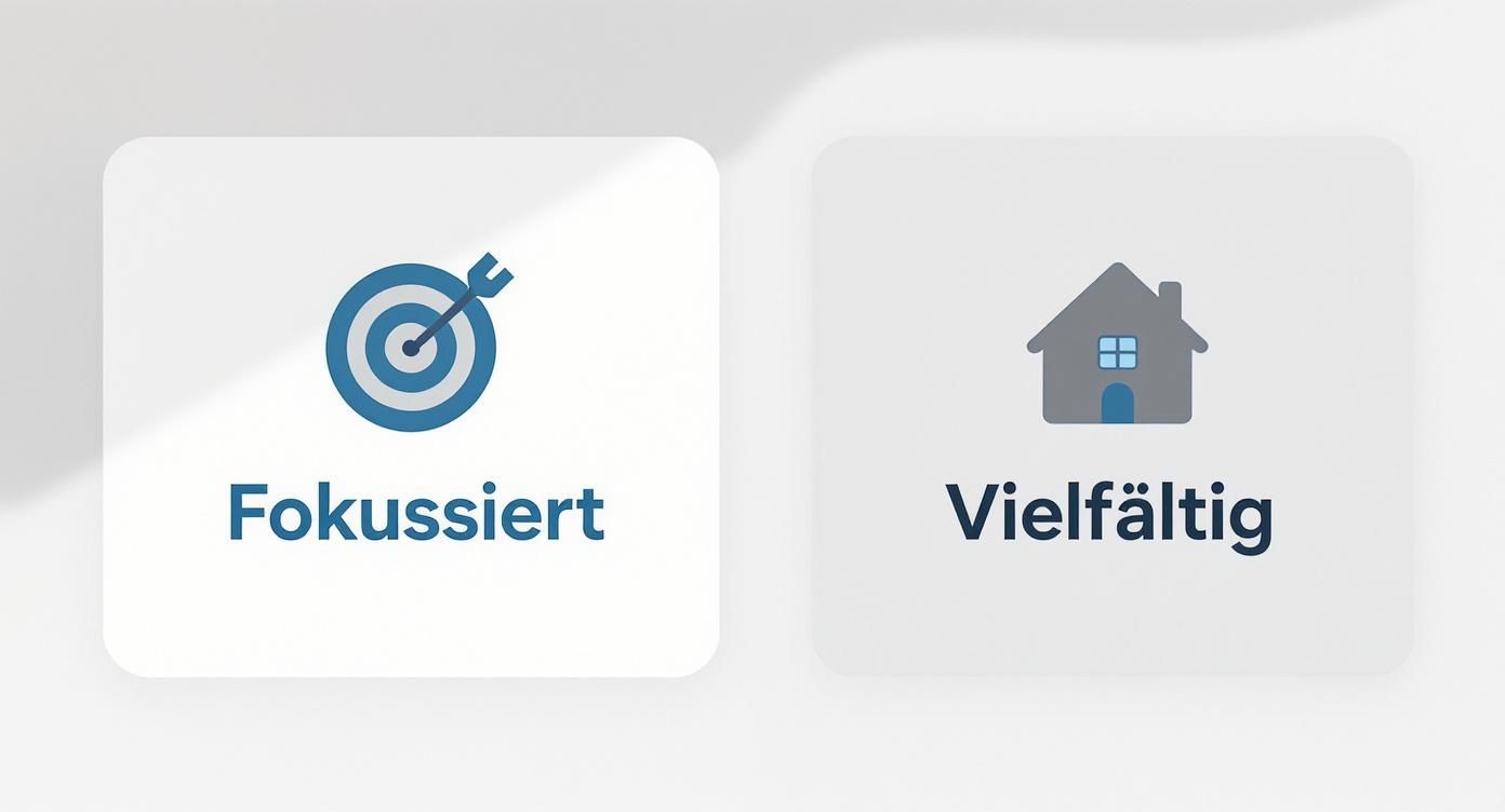 Zwei weiße Kärtchen mit blauen Symbolen und Text: ein Ziel mit Pfeil und „Fokussiert“, sowie ein Haus und „Vielfältig“.