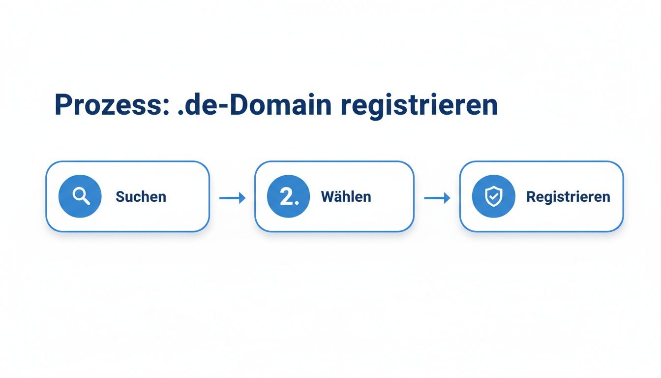 Flussdiagramm zur Registrierung einer .de-Domain in drei Schritten: Suchen, Wählen und Registrieren.