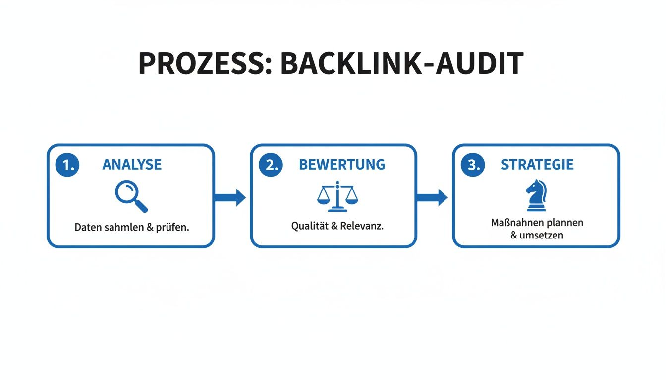 Infografik zum Backlink-Audit-Prozess mit den Schritten Analyse, Bewertung und Strategieplanung.