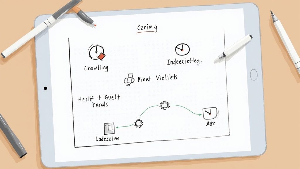 Ein digitales Tablet zeigt ein handgezeichnetes Diagramm mit Notizen zu Crawling- und SEO-Prozessen, umgeben von Stiften.