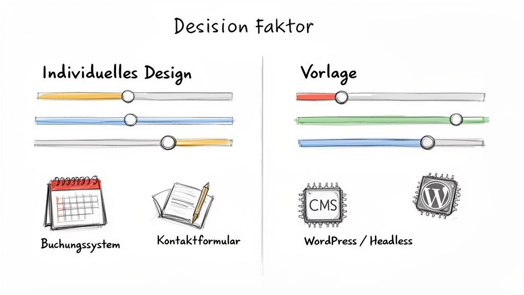 Übersicht zu Entscheidungsfaktorent für Webdesign: Individuelles Design versus Vorlage mit Slidern und Icons.