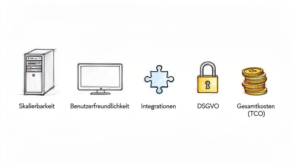 Fünf Icons stellen wichtige Kriterien dar: Skalierbarkeit, Benutzerfreundlichkeit, Integrationen, DSGVO und Gesamtkosten (TCO).