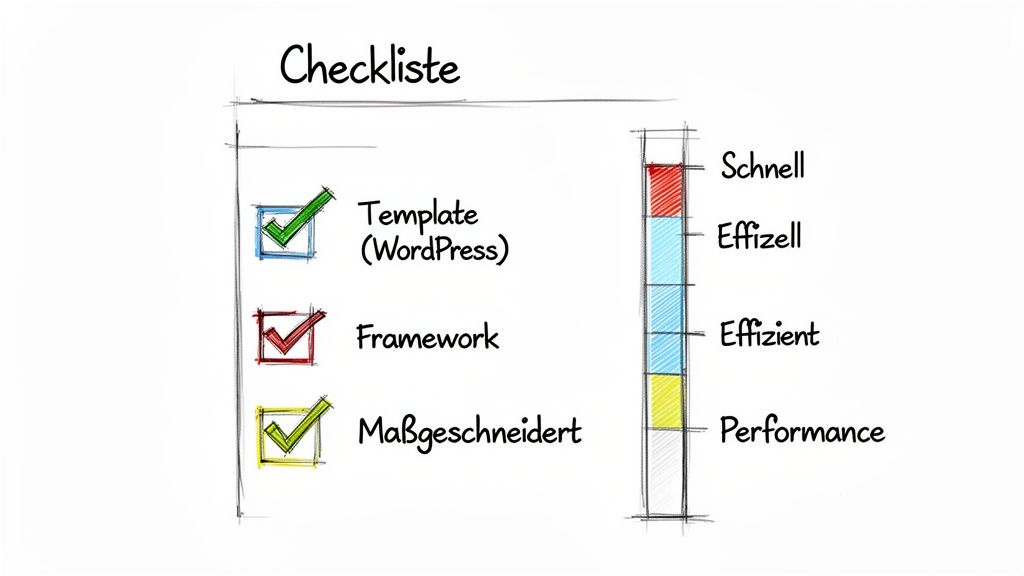 Checkliste zur Website-Entwicklung: Vergleich von Template (WordPress), Framework und maßgeschneiderten Lösungen mit Effizienz- und Performance-Balken.
