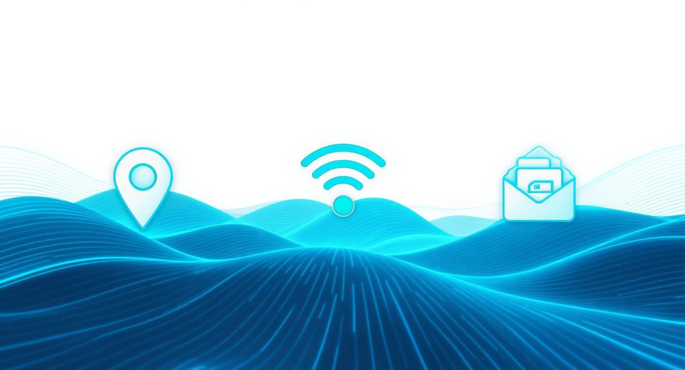 Drei Symbole (Standort, WLAN, E-Mail) über abstrakten blauen Wellenlinien auf weißem Hintergrund.