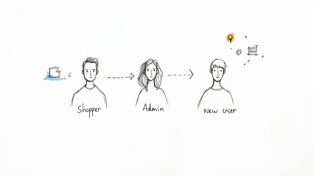 Konzeptzeichnung eines Workflows von Käufer zu Administrator und neuem Benutzer mit E-Commerce-Symbolen.