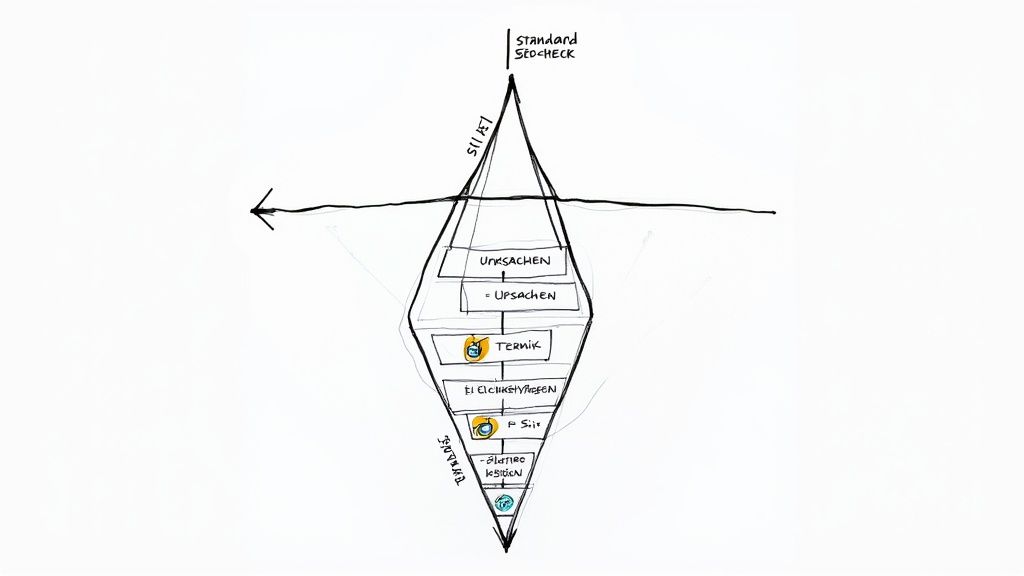 Diagramm eines SEO-Checks als Eisbergmodell, das Ursachen, Technik und weitere tieferliegende Aspekte darstellt.