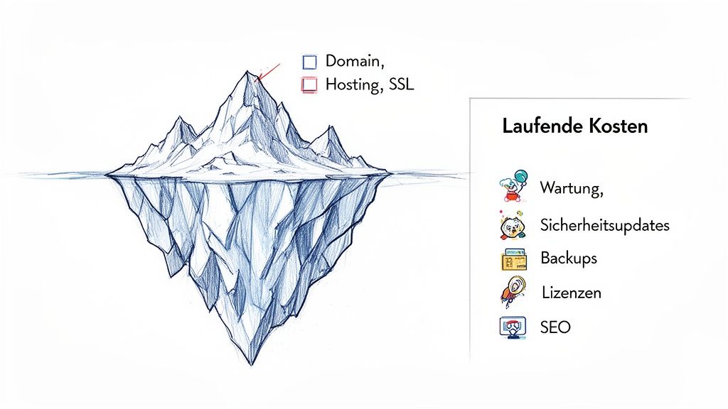 Eisberg-Illustration zu Webseiten-Kosten: Sichtbare Ausgaben (Domain, Hosting, SSL) versus versteckte laufende Kosten wie Wartung und SEO.