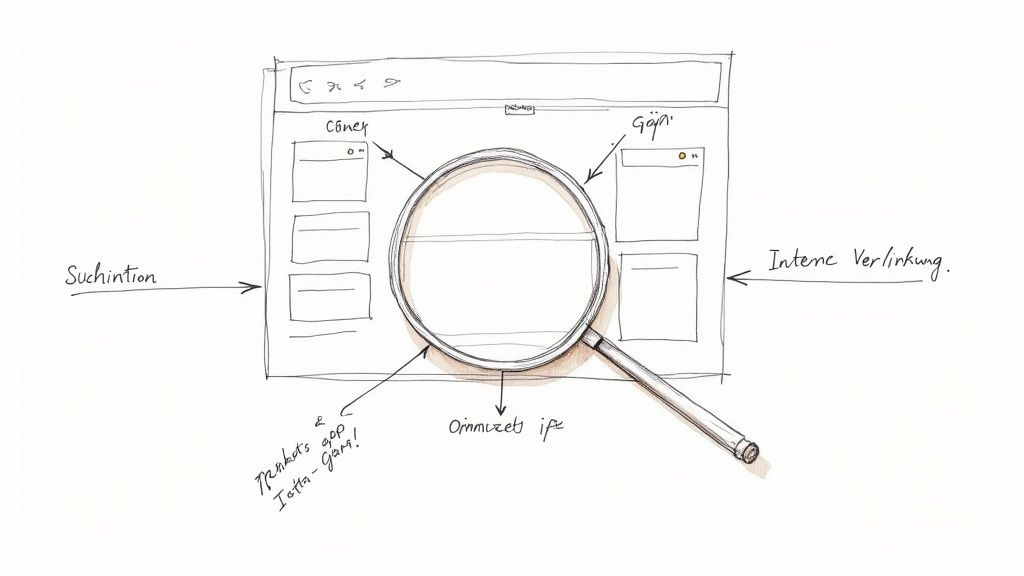 Konzeptskizze einer Webseite mit Suchintention, interner Verlinkung und Content-Blöcken im Fokus einer Lupe.
