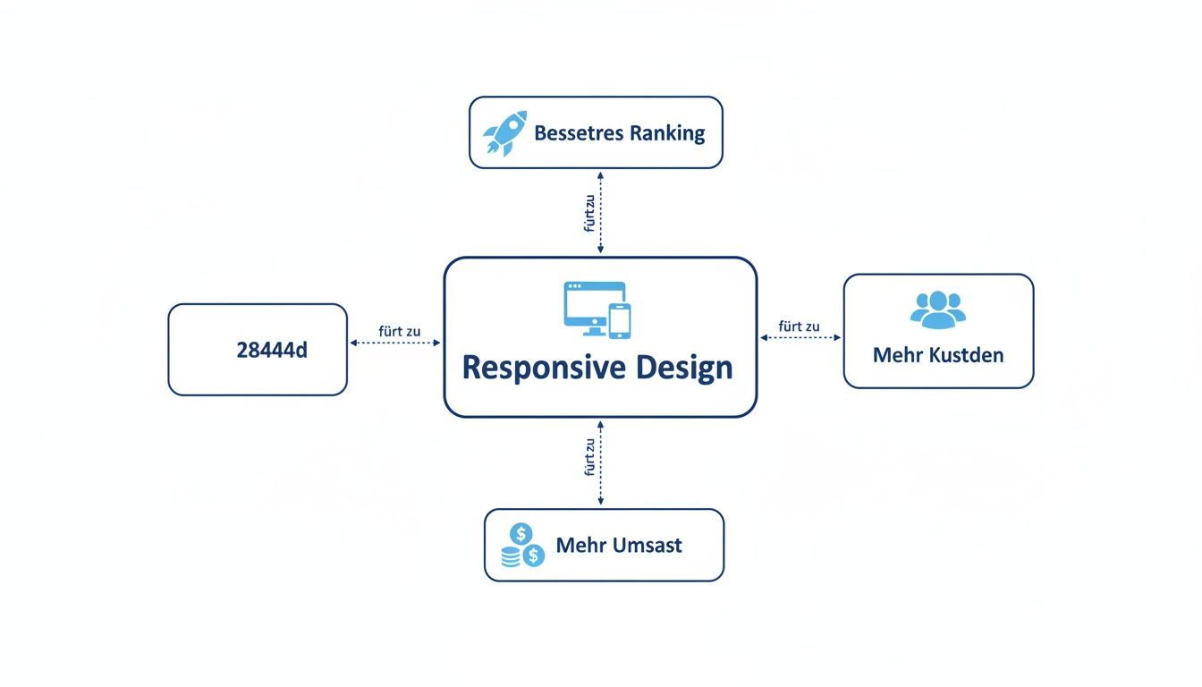 Diagramm veranschaulicht, wie Responsive Design zu besserem Ranking, mehr Kunden und höherem Umsatz führt.
