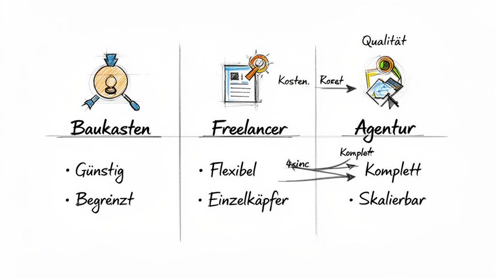 Übersicht über drei Optionen zur Website-Erstellung: Baukasten (günstig, begrenzt), Freelancer (flexibel, Einzelkämpfer) und Agentur (Qualität, komplett, skalierbar).