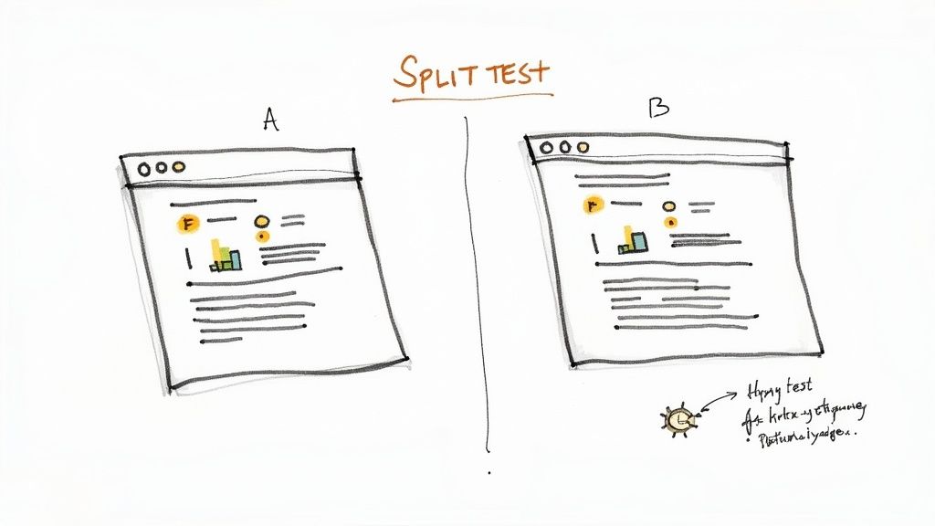Ein Split-Test-Diagramm, das zwei Versionen einer Webseite (A und B) für den Vergleich zeigt.