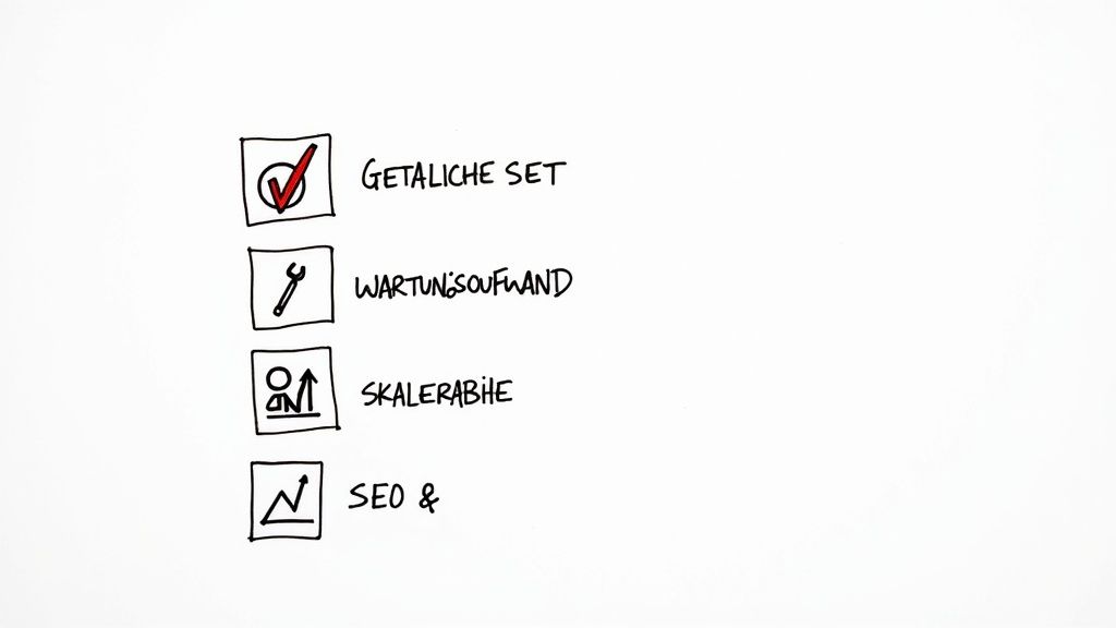 Handgeschriebene Checkliste mit Symbolen und Stichpunkten zu Website-Aspekten wie Wartung, Skalierbarkeit und SEO.
