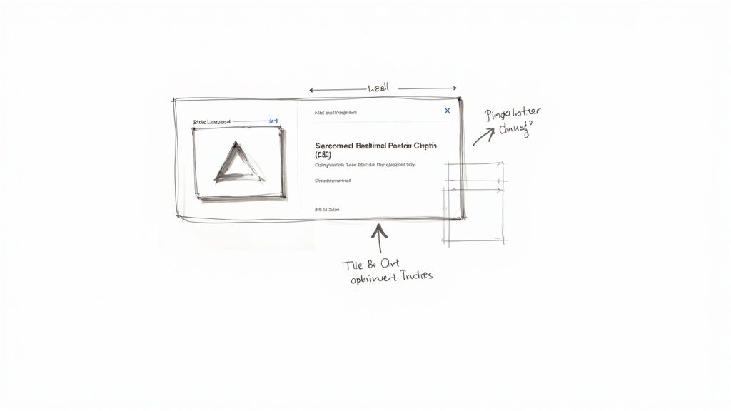 Skizze einer Dialogbox mit einem Dreieck und Textfeldern, umgeben von handschriftlichen Notizen und Pfeilen.