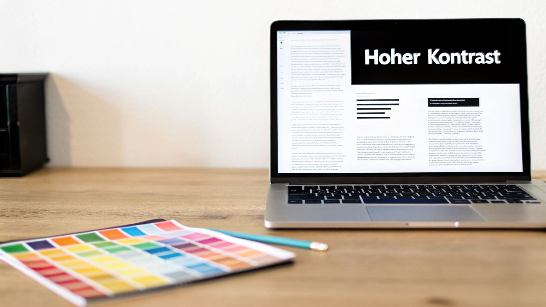 Laptop auf Holztisch zeigt barrierefreie Website mit hohem Kontrast, daneben Farbfächer und Stift.