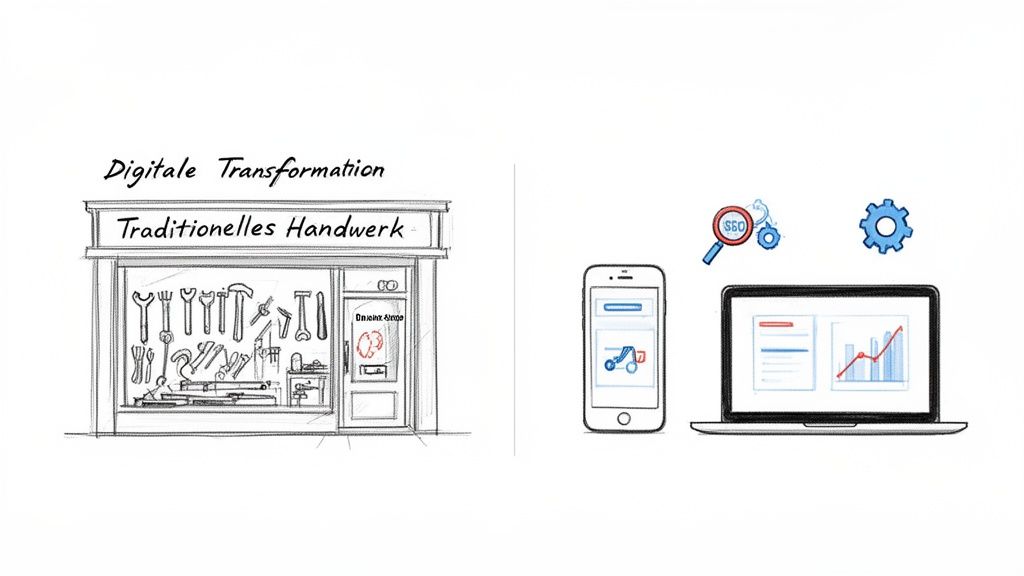 Skizze, die den Übergang von traditionellem Handwerk zu digitaler Transformation mit Laptop, Smartphone und SEO-Symbolen darstellt.